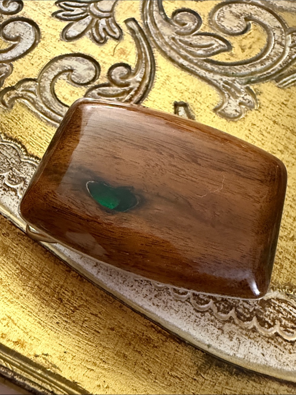 Vintage Drifted Handmade Surfboard Wood Inlay Belt Buckle Teal Gem Accent